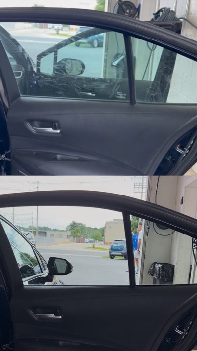 Before and after: a smeared rear door window seen from inside, then clear.