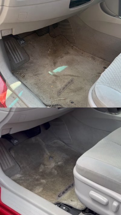 Before and after: a Toyota Camry front carpet with dirt and debris, then vacuumed.