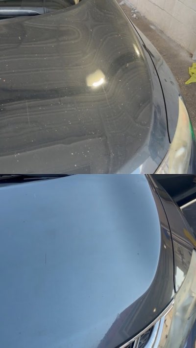Before and after: a dark hood covered in spots and residue, then clean and glossy.