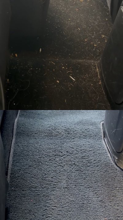 Before and after: rear carpet covered in debris and hair, then vacuumed clean.