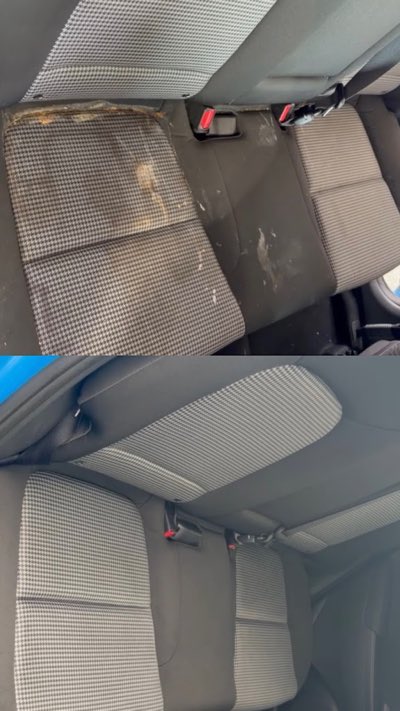 Before and after: a heavily stained houndstooth rear seat, then clean.