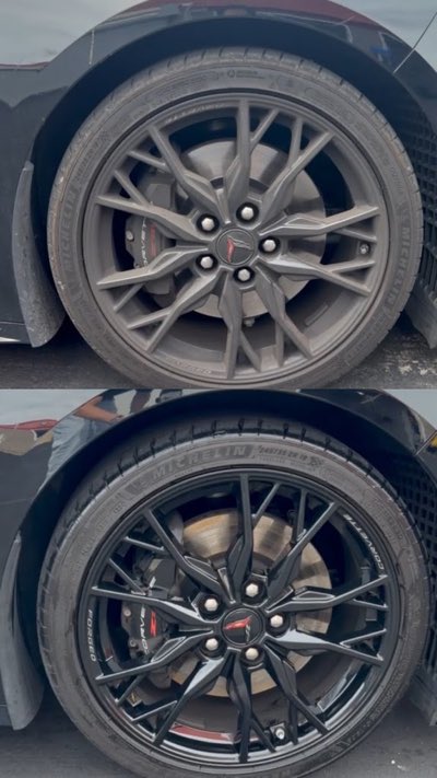Before and after: a Corvette wheel that looks dull and dusty, then clean and glossy black.